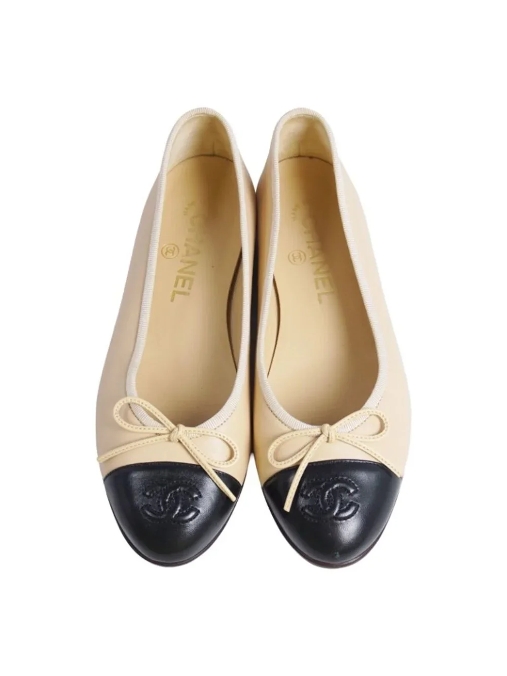 Chanel Pumps Ballerina Ribbon CC Logo Leather Shoes 36C Beige